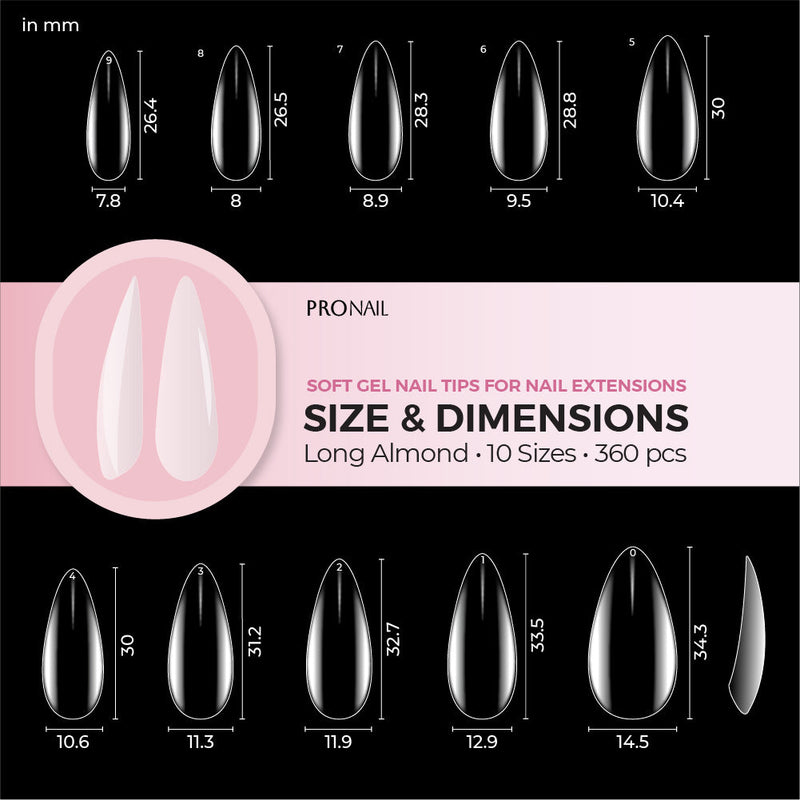 Curacoro Long Almond Soft Gel Nail Tips size and dimensions chart, featuring 10 sizes and 360 pieces for nail extensions, with measurements in millimeters.