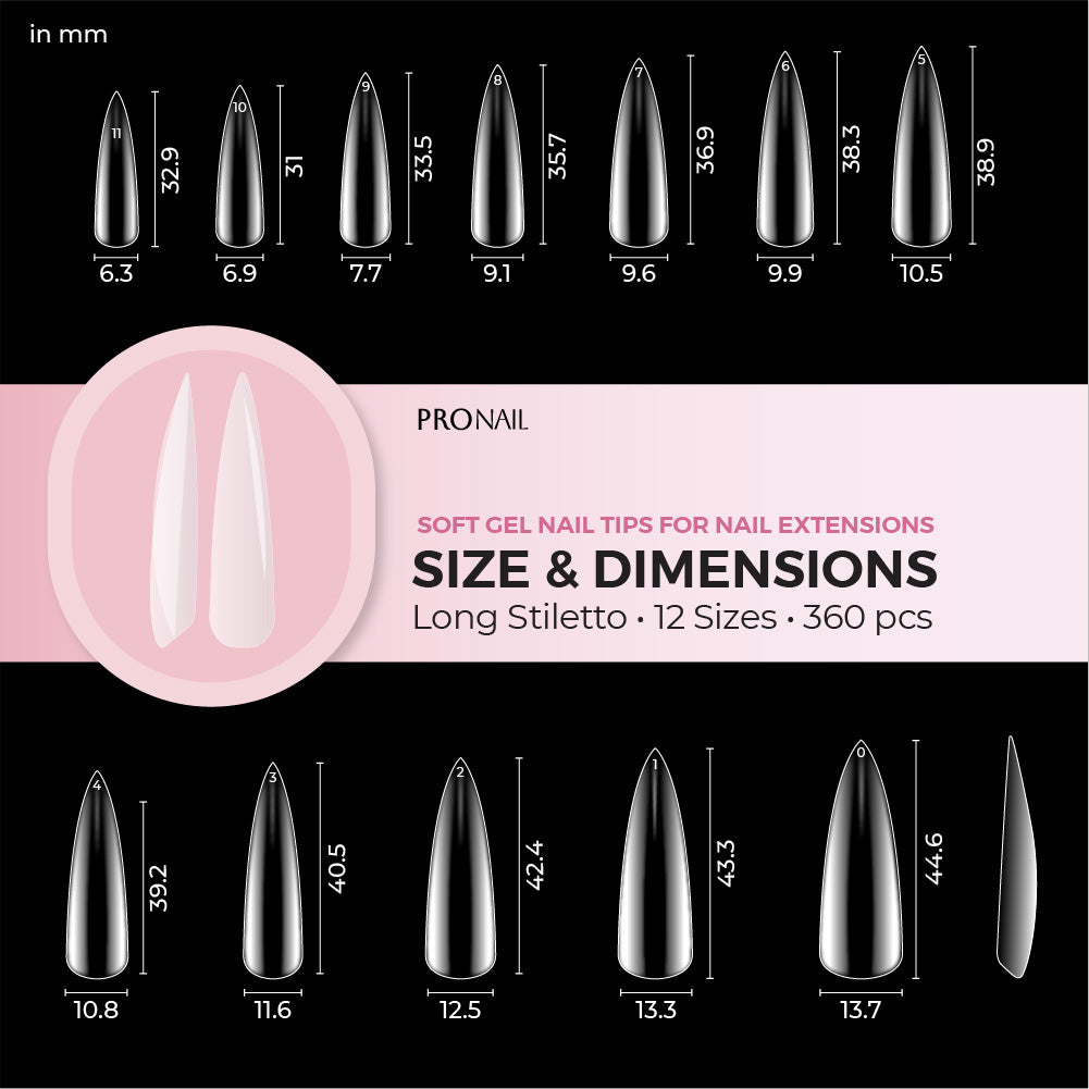 Curacoro Long Stiletto Soft Gel Nail Tips size chart featuring 12 sizes for nail extensions.