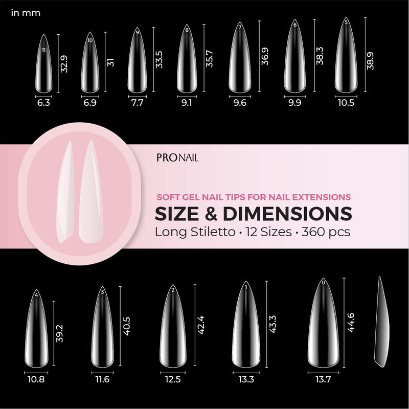 Curacoro Long Stiletto Soft Gel Nail Tips size chart featuring 12 sizes for nail extensions.