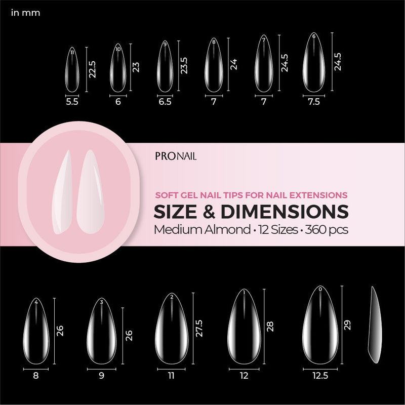 Curacoro Medium Almond Soft Gel Nail Tips size and dimensions chart, showcasing 12 sizes and 360 pieces for nail extensions with measurements in millimeters.