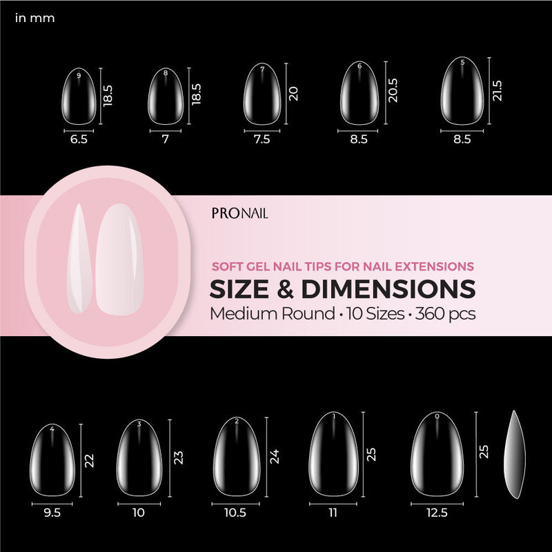 Curacoro Medium Round Soft Gel Nail Tips size chart featuring 10 sizes for nail extensions.