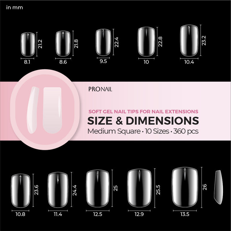 Size and dimensions chart for medium square soft gel nail tips on a black and pink background.