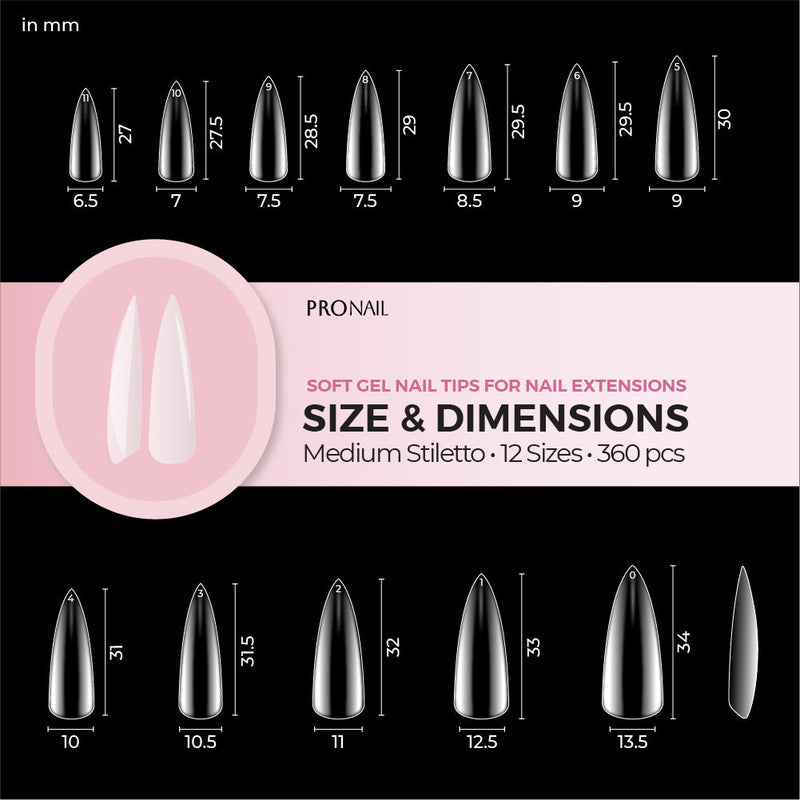 Curacoro Medium Stiletto Soft Gel Nail Tips size and dimensions chart.