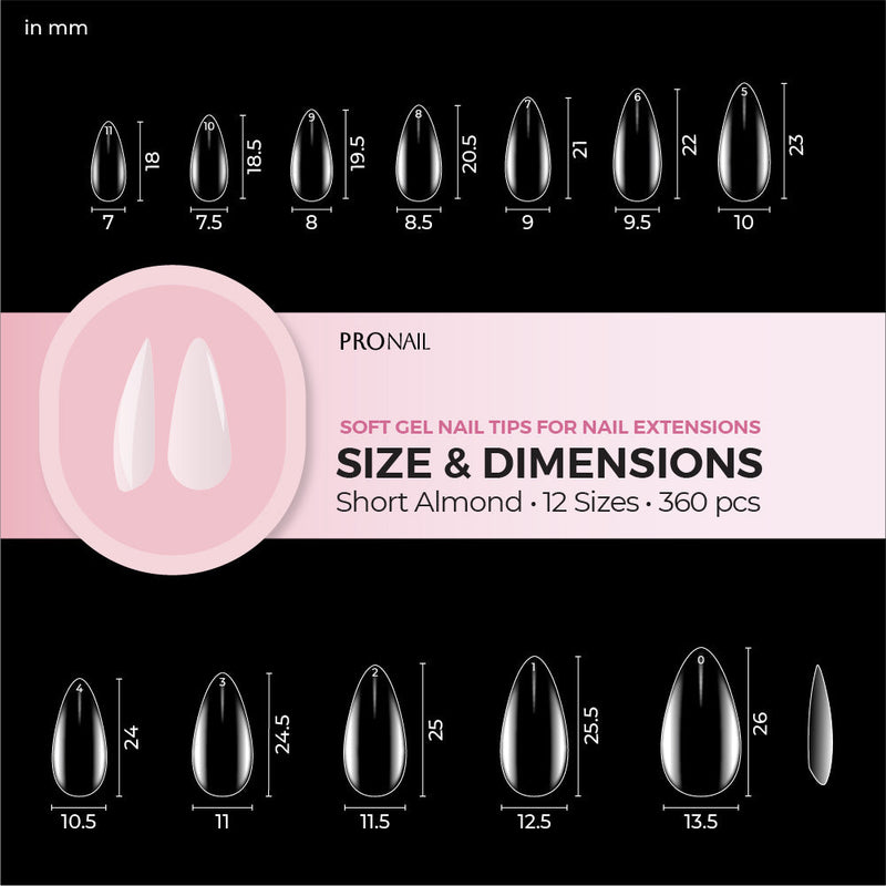 Curacoro short Almond Soft Gel Nail Tips size and dimensions chart, featuring 12 sizes and 360 pieces for nail extensions, with measurements in millimeters.