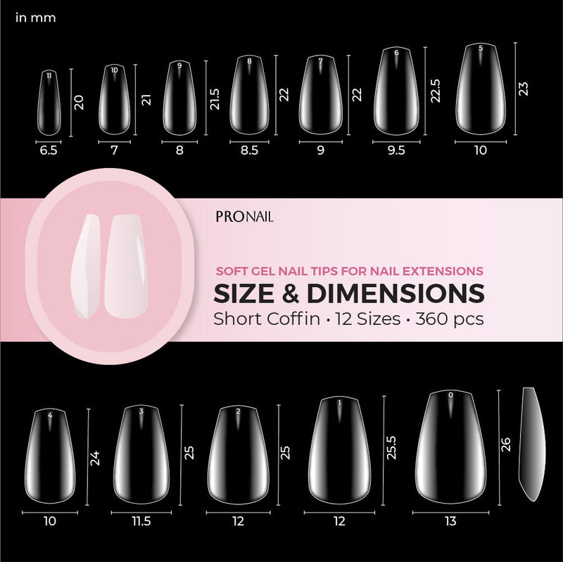 Soft Gel nail tips for nail extension infographic size and dimensions short Coffin 