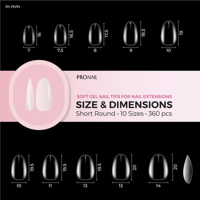 Curacoro Short Round Soft Gel Nail Tips size chart featuring 10 sizes for nail extensions.