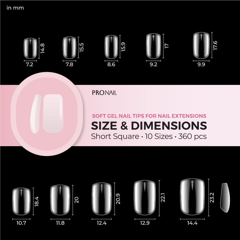 Size chart for short square nail tips showing dimensions in millimeters with a pink accent background.