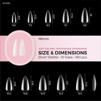 Curacoro Short Stiletto Soft Gel Nail Tips size chart featuring 12 sizes for nail extensions.