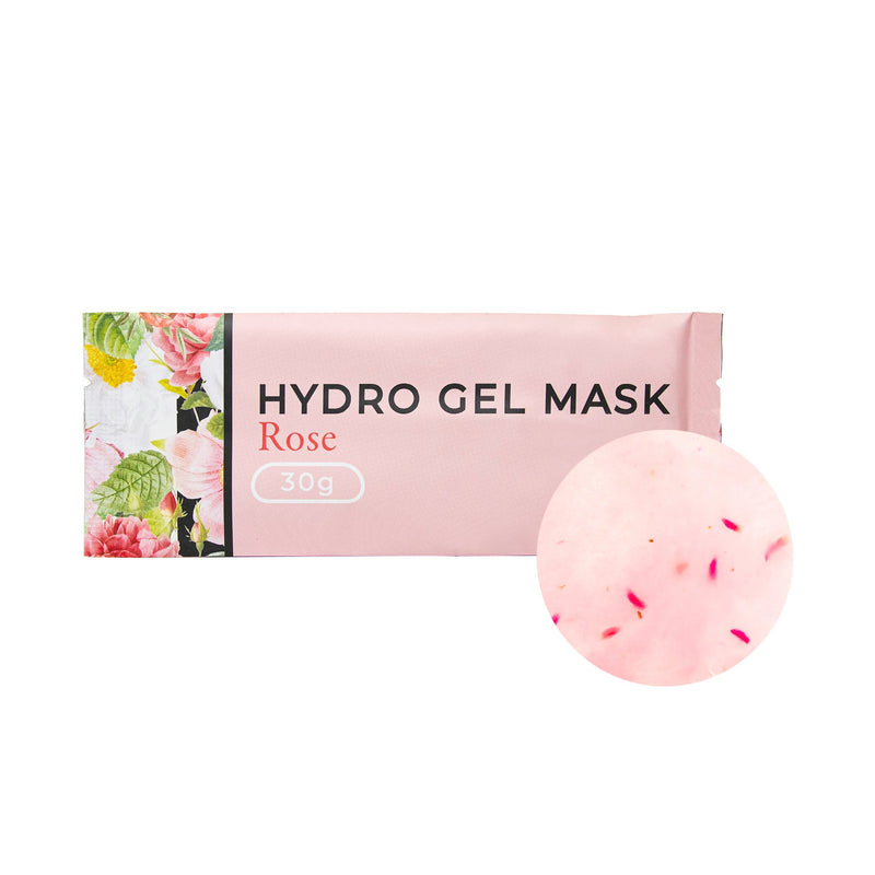 Hydro Gel Mask Rose, 30g packaging with a round gold texture sample beside it.