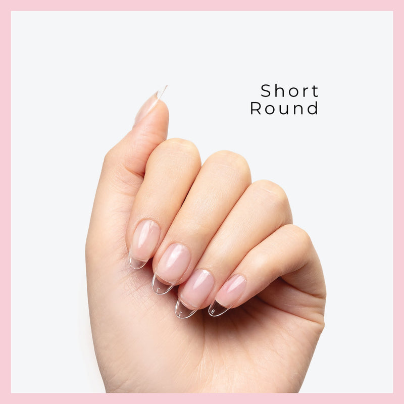 Curacoro Short Round Soft Gel Nail Tips displayed on a hand with a white background.