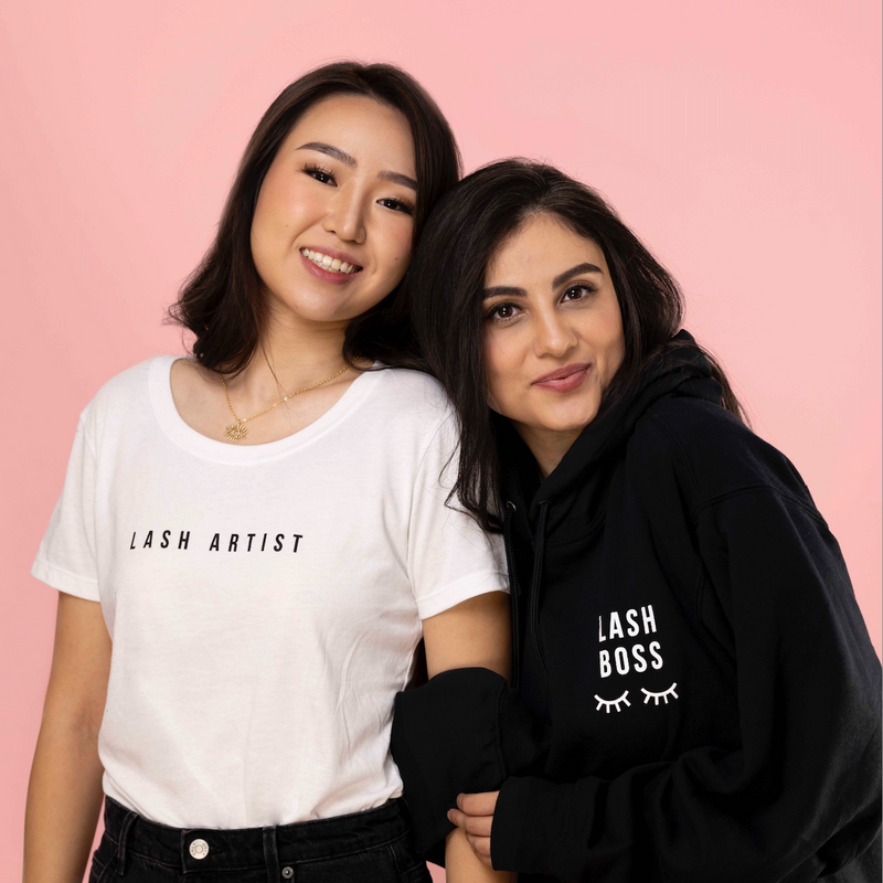 Lash Boss Fleece Hoodie and Lash Artist shirt on models&