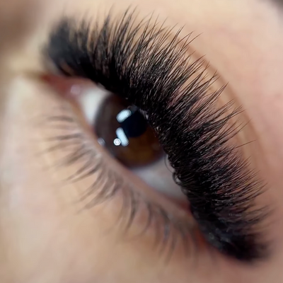 Close-up of a brown eye with full, voluminous black eyelash extensions.