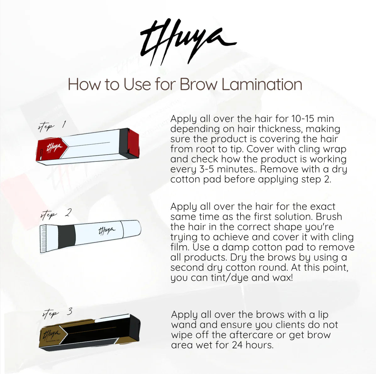 Instructional guide for using Thuya products for brow lamination, detailing steps 1 to 3 with product illustrations for optimal results.
