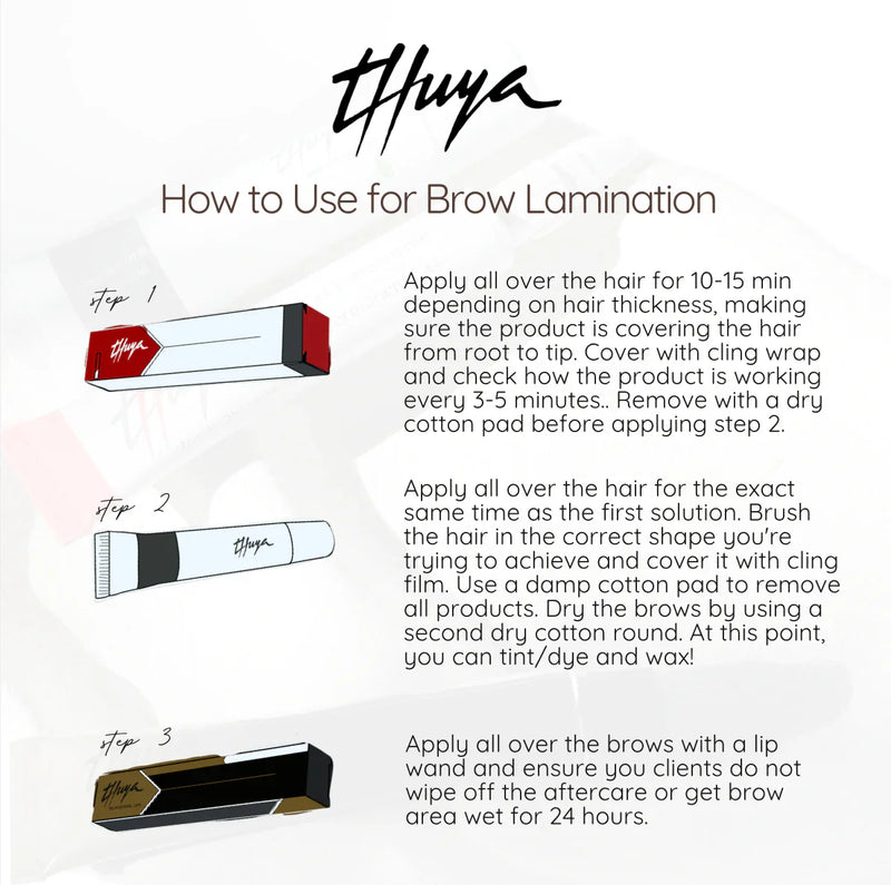 Instructional guide for using Thuya products for brow lamination, detailing steps 1 to 3 with product illustrations for optimal results.