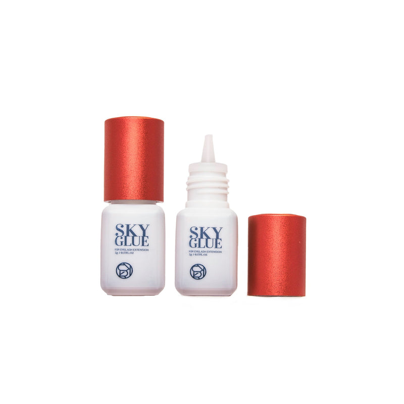 Two Sky Glue bottles for lash extensions, one with the lid open