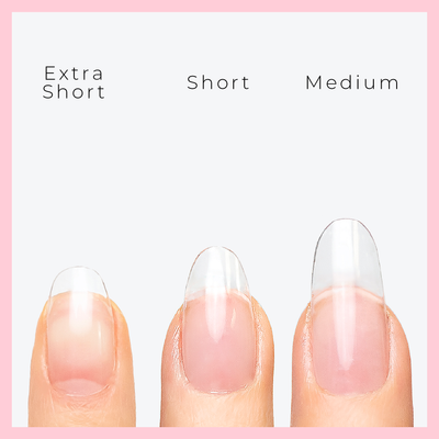 Curacoro Soft Gel Nail Tips showing Extra Short, Short, and Medium round sizes on natural nails.