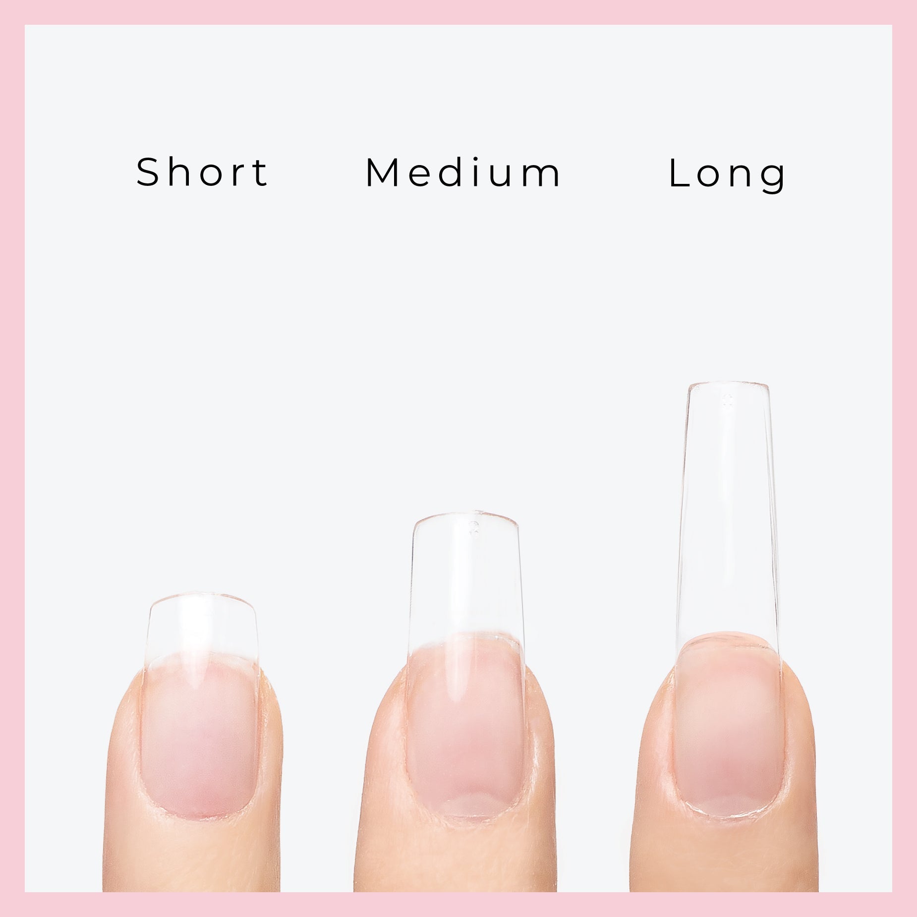 Comparison of short, medium, and long nail tips.