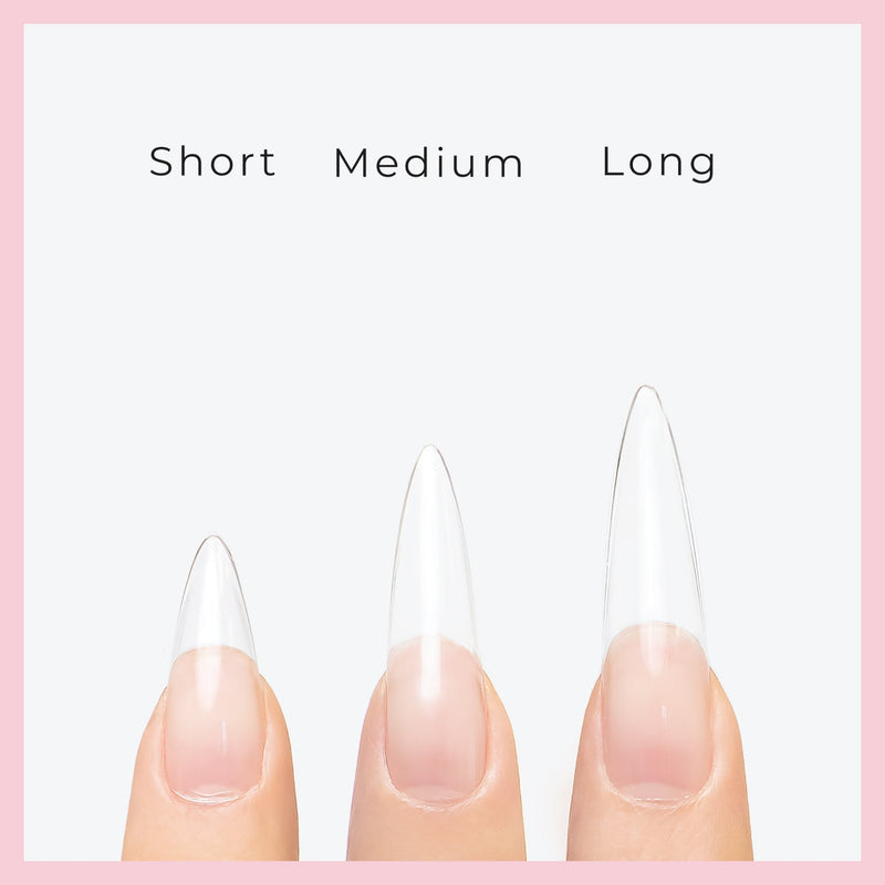 Curacoro Soft Gel Nail Tips showcasing Short, Medium, and Long Stiletto sizes on natural nails.