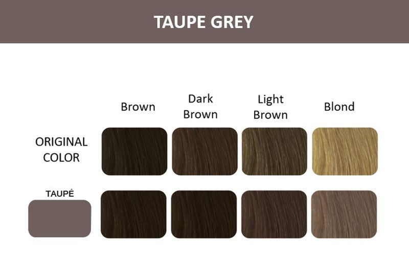 Taupe Grey dye chart showcasing adaptable shades for brown, dark brown, light brown, and blonde hair tones.