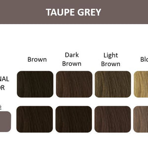 Taupe Grey dye chart showcasing adaptable shades for brown, dark brown, light brown, and blonde hair tones.
