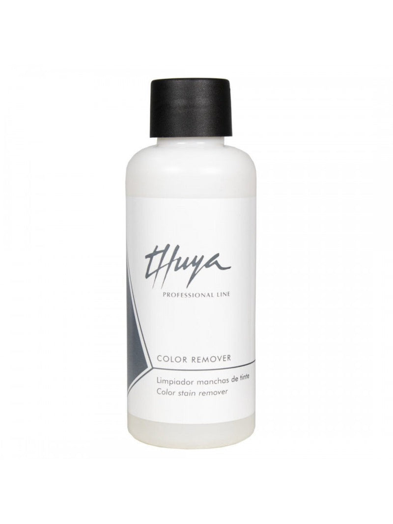 Thuya Color Remover in a white bottle with a black cap, designed to effectively remove tint stains during hair coloring.