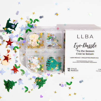 LLBA Eye-Dazzle "Tis the Season" lash decals featuring 12 festive designs like trees, stars, and holly, scattered on a white background.