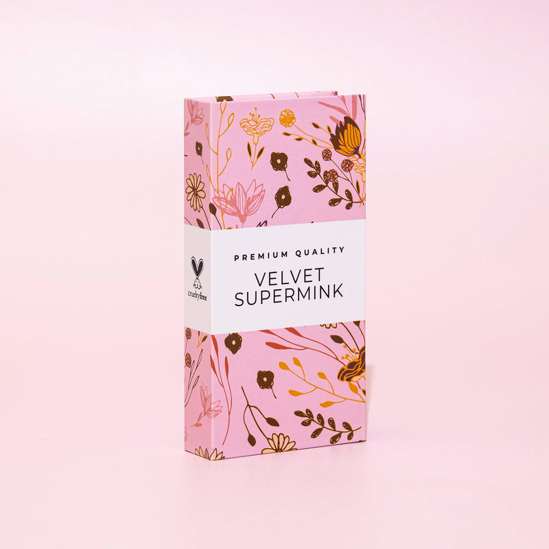 Curacoro Velvet Supermink packaging with a floral design on a pink background, labeled &