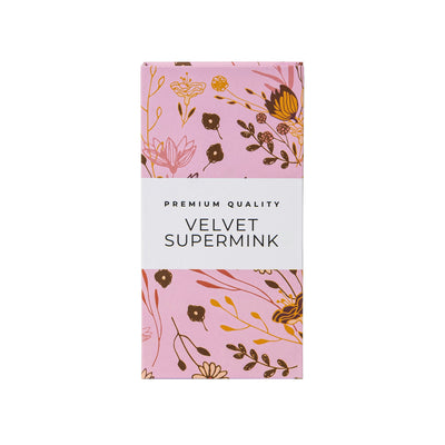 Velvet Supermink packaging with a floral design and 'Premium Quality' label, displayed on a white background.