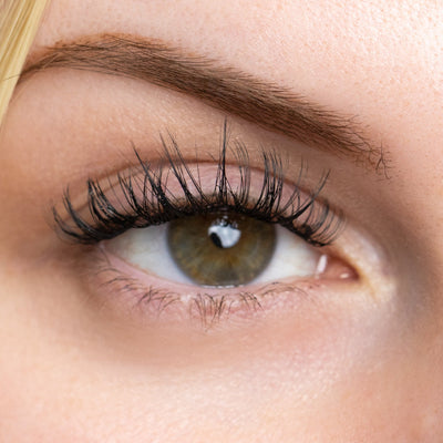 Close-up of an eye showcasing long, voluminous lashes with a natural, soft curl effect, highlighting the application of lash extensions for a fuller look.