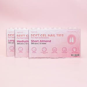 Curacoro Soft Gel Nail Tips packaging featuring Long, Medium, and Short Almond styles, each containing 360 pieces in 12 sizes, displayed against a soft pink background.