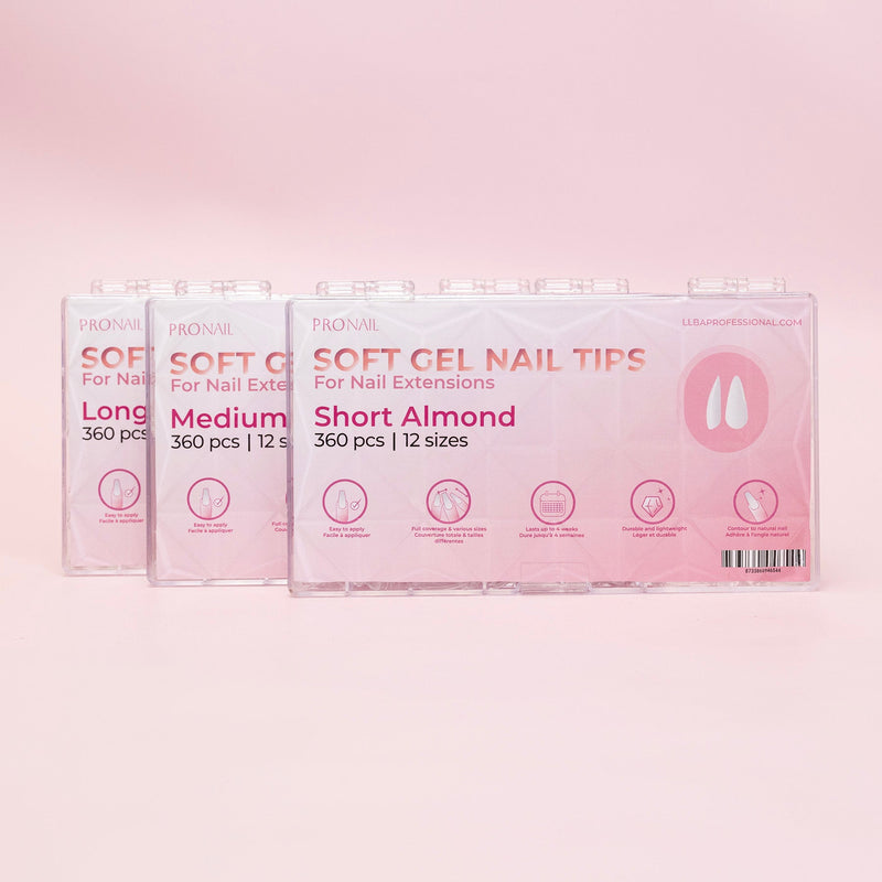 Curacoro Soft Gel Nail Tips packaging featuring Long, Medium, and Short Almond styles, each containing 360 pieces in 12 sizes, displayed against a soft pink background.