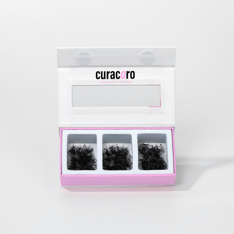 Curacoro 3-in-1 pro-made fan lashes in black, displayed in an open case with three compartments for volume lash extensions.