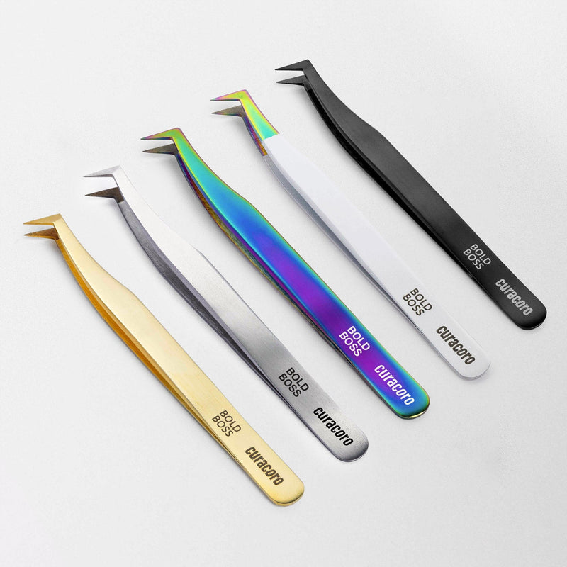 Curacoro Bold Boss tweezers in a variety of colors, showcasing precision and durability for professional lash artists.