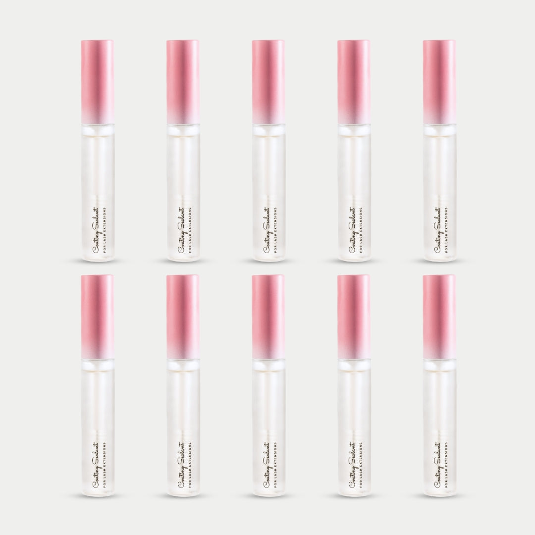 ten bottles of Curacoro Coating Sealant for lash extensions, featuring a sleek design with a gradient pink cap.