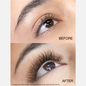 Before and after images showcasing natural lashes versus full, voluminous eyelash extensions.