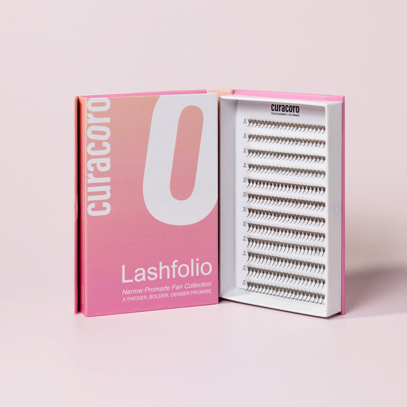 Lashfolio 8D 0.05 in front of a pink background with an open case.