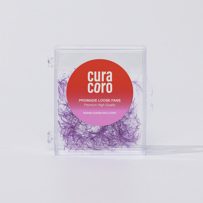 Curacoro Promade Loose Fans in purple, 5D 0.07 lashes, displayed in a clear compact case with a branded label.