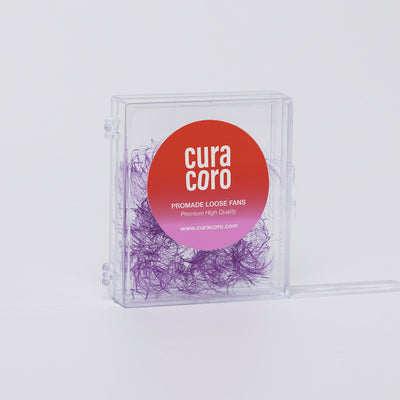 Curacoro Promade Loose Fans in purple, 5D 0.07 lashes, displayed in a clear compact case with a branded label.