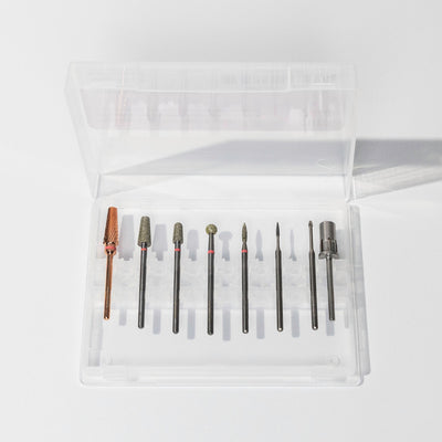 Cuticle Nail Drill Bit Set 1 Case Open Over White Background