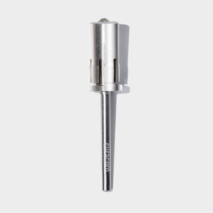 Stainless steel nail drill bit with a cylindrical design and precision cuts, ideal for professional nail care.