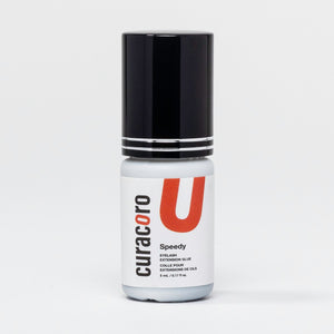 Curacoro Speedy Eyelash Extension Glue, 5 mL, in a white bottle on a white background. 