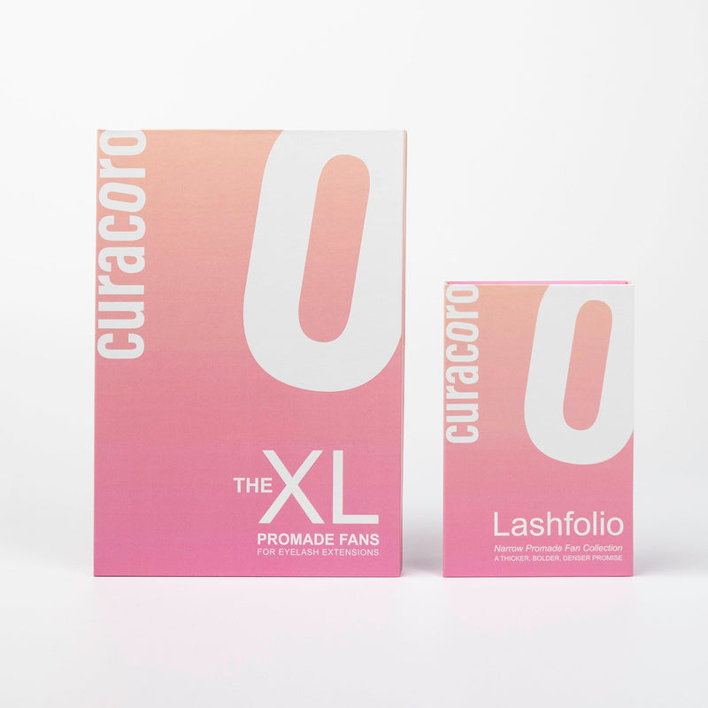 The XL and Lashfolio Promade Fans Pink & Orange Boxes Size Comparison Over White Background