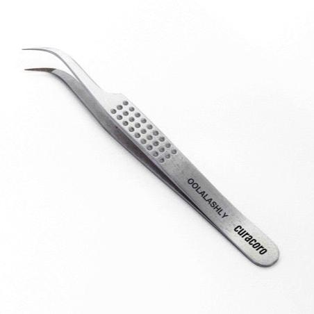 Curved stainless steel eyelash extension tweezer with a precision tip, textured grip handle, and engraved branding &