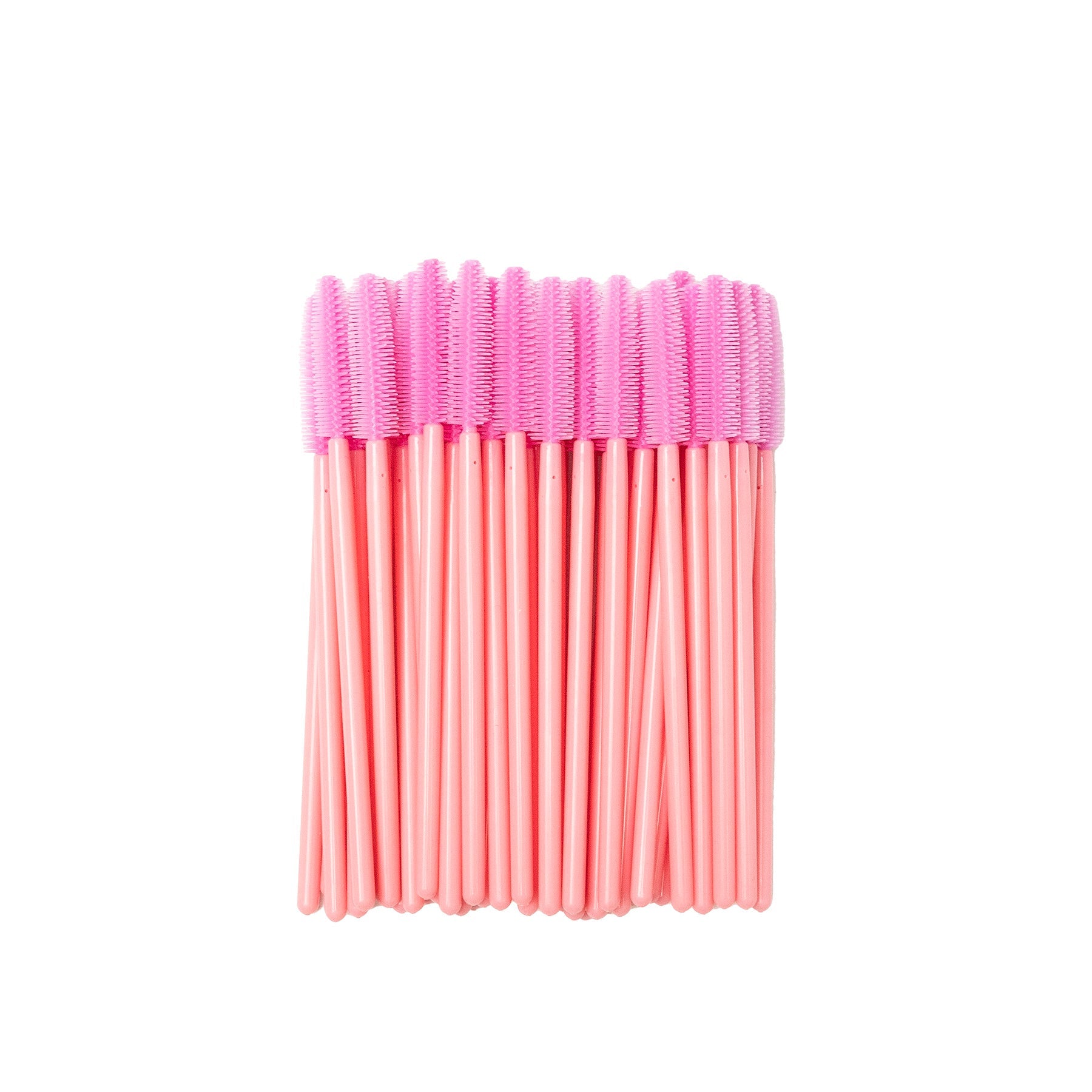 Image of disposable pink silicon brush wands for eyelashes and brows in a white background.