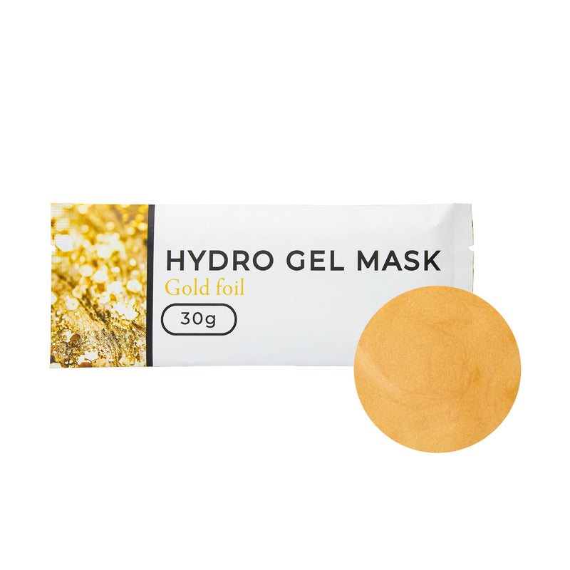 Hydro Gel Mask Gold Foil, 30g packaging with a round gold texture sample beside it.