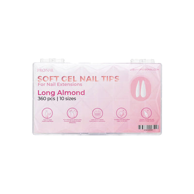 Curacoro long Almond Soft Gel Nail Tips packaging with 360 pieces in 10 sizes for nail extensions, featuring a light pink design.