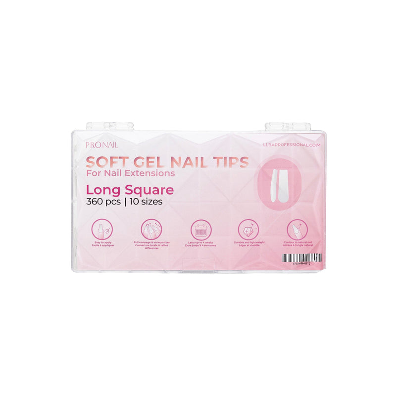 Clear packaging of long square soft gel nail tips, featuring pink accents and icons illustrating product benefits.