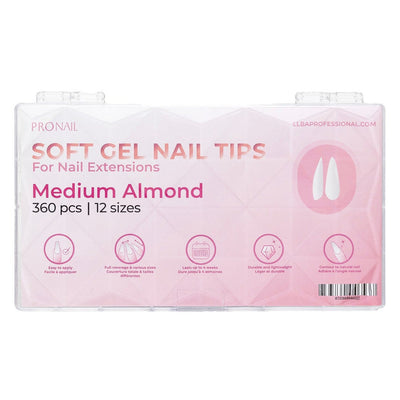 Curacoro medium Almond Soft Gel Nail Tips packaging with 360 pieces in 10 sizes for nail extensions, featuring a light pink design."