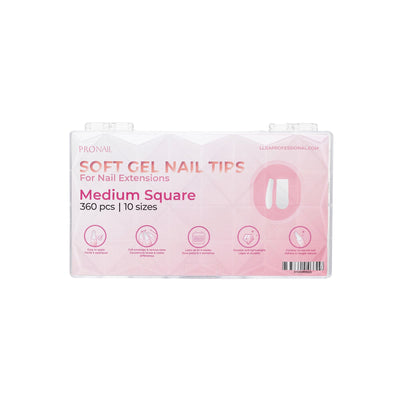 Soft gel nail tips for nail extensions in a medium square shape, over a white background. 