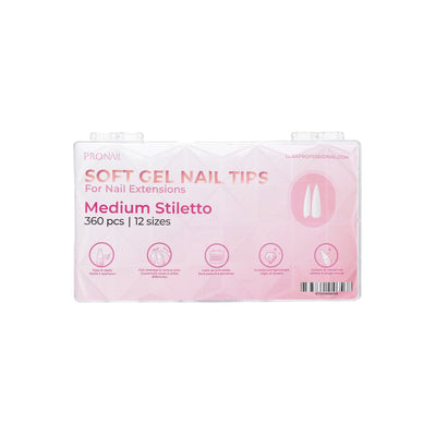 Curacoro Medium Stiletto Soft Gel Nail Tips packaging, featuring 360 pieces in 12 sizes for nail extensions, designed with a light pink background.